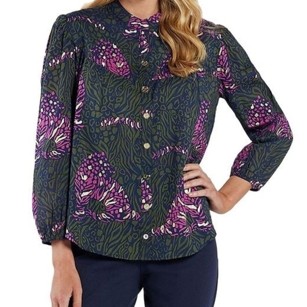 Jude Connally Nwot Lorraine Pullover Button Up Long Sleeve Tiger Printed Top XS